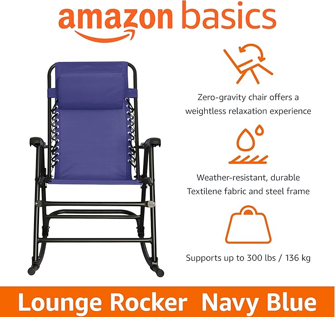 Amazon Basics Outdoor Portable Folding Rocking Chair with Headrest, Ergonomic Design, Weather-resistant Textilene Fabric for Porch, Blue