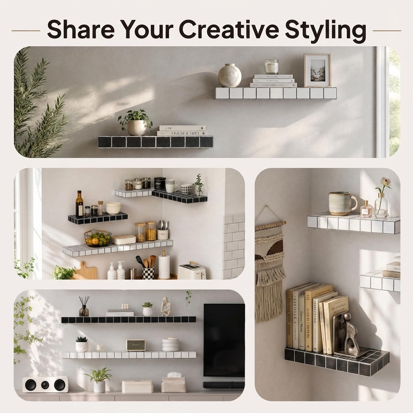 ZttRiee Floating Shelves, Set of 2, 15.7" W, White Frame Black Lines