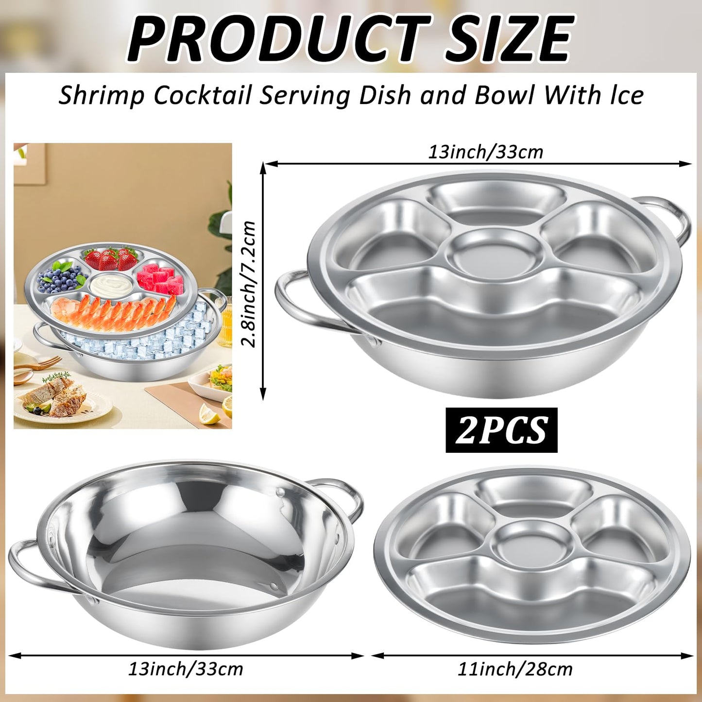 2 Set Shrimp Cocktail Serving Dish 11 Inch Stainless Steel Dip Chiller Serving Bowl, 2 5-Section Chilled Food Trays 2 Round Plate with Handle for Dinner Buffet Seafood Oysters Crawfish Veggie Fruit