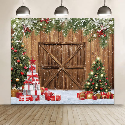 Merry Christmas Backdrop 10x10ft Xmas Tree Wood Barn Door Photography Backdrop Christmas Tree Wreath Gift Box Xmas Light Photoshoot Background New Year Xmas Party Decorations Backdrop Banner Supplies