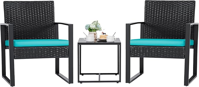 Flamaker Patio Set Outdoor Wicker Furniture, Modern Bistro Set with Rattan Chair and Coffee Table for Yard (Blue)