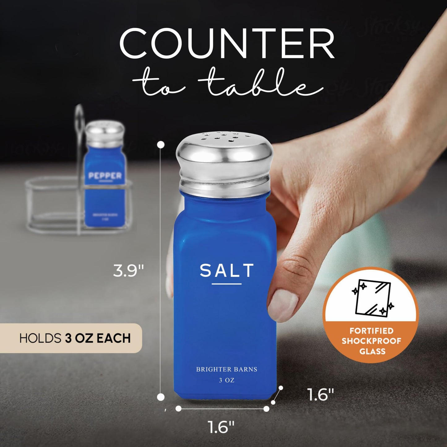 Blue Salt and Pepper Shakers Set with Holder by Brighter Barns - Glass Salt Shaker with Caddy - Modern Kitchen Decor, Dining Table Decor, Cute Kitchen Accessories for Restaurants, Dining Room (Blue)