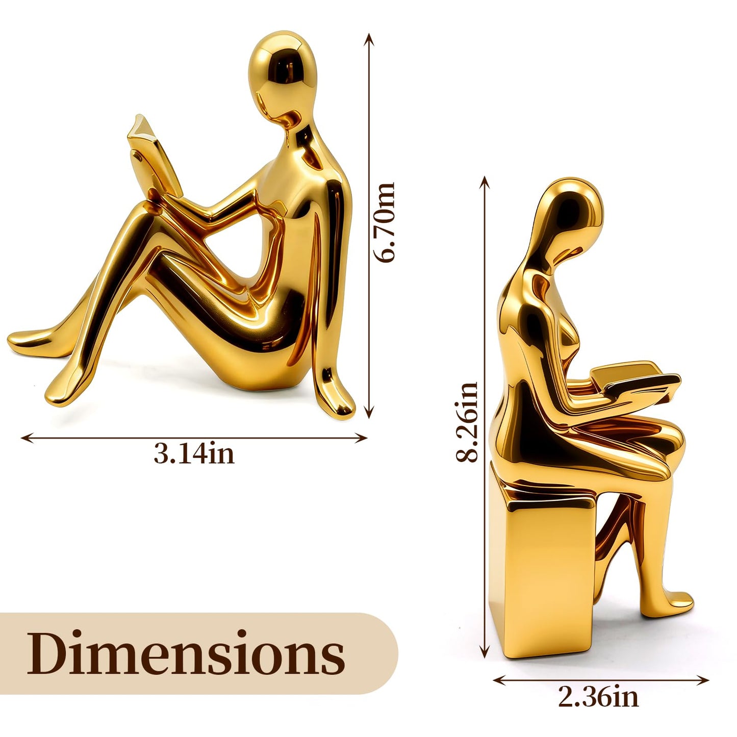 Decorative Bookends Set, Ceramic Book Ends for Shelves, Home Office Aesthetic Book Stopper, Reading Book Holder Statues for Bookshelf Bedroom Living Room Decor (Gold)