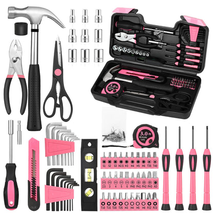 GETFOO 144-Piece Pink Tool Kit Basic Home Repair Tool Set General Household Hand Tool Kit Small Tool Kit with Plastic Toolbox basic home tool kit for Women, Office & College Repairs
