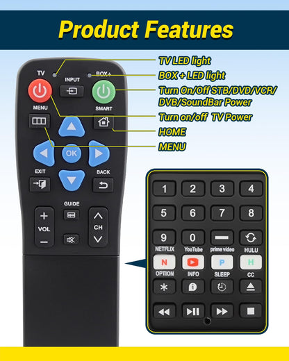 Big Button TV Remote Waterproof Control Remoto 4-in-1 Universal for Seniors with Learning Functions Easy to Use and Set Up for TV DVD/VCR/DVB Streaming Box Soundbar 2-Device Switching
