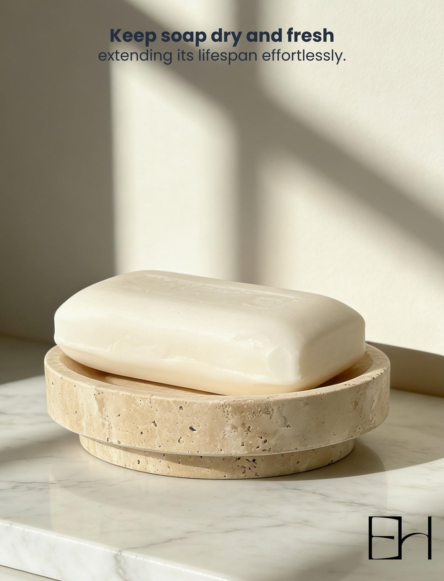Marble Soap Dish, Pedestal Round Soap Holder for Shower, Stone Soap Tray for Bathroom Kitchen Counter Sink, Bar Soap Saver & Vanity Organizer (Beige Travertine)