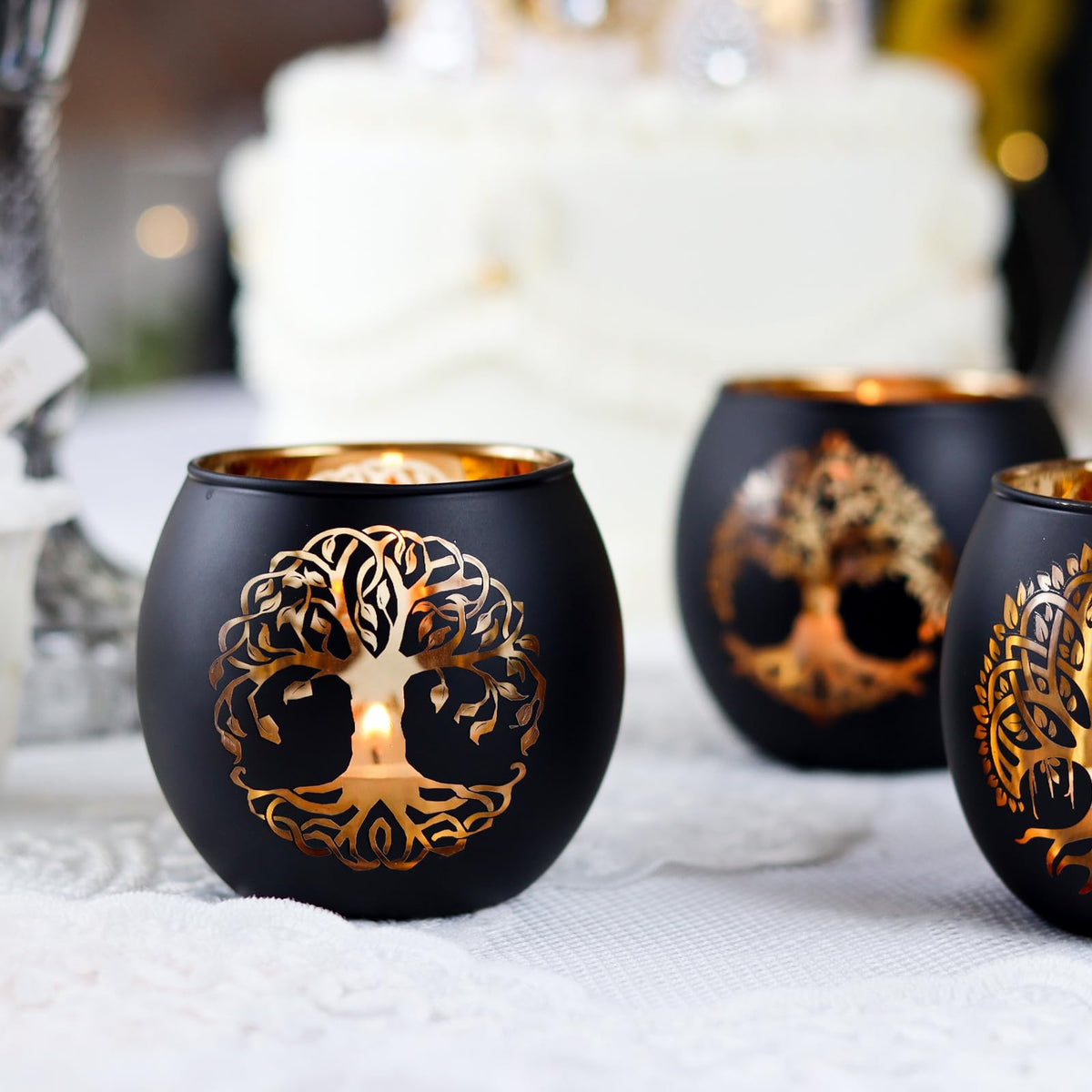 SHMILMH Black Gold Votive Candle Holders 6 PCS Tree of Life Glass Tealight Candle Holders Wedding Decorations for Reception, Birthday Party, Baby Shower, Bridal Shower Table Centerpiece Decor