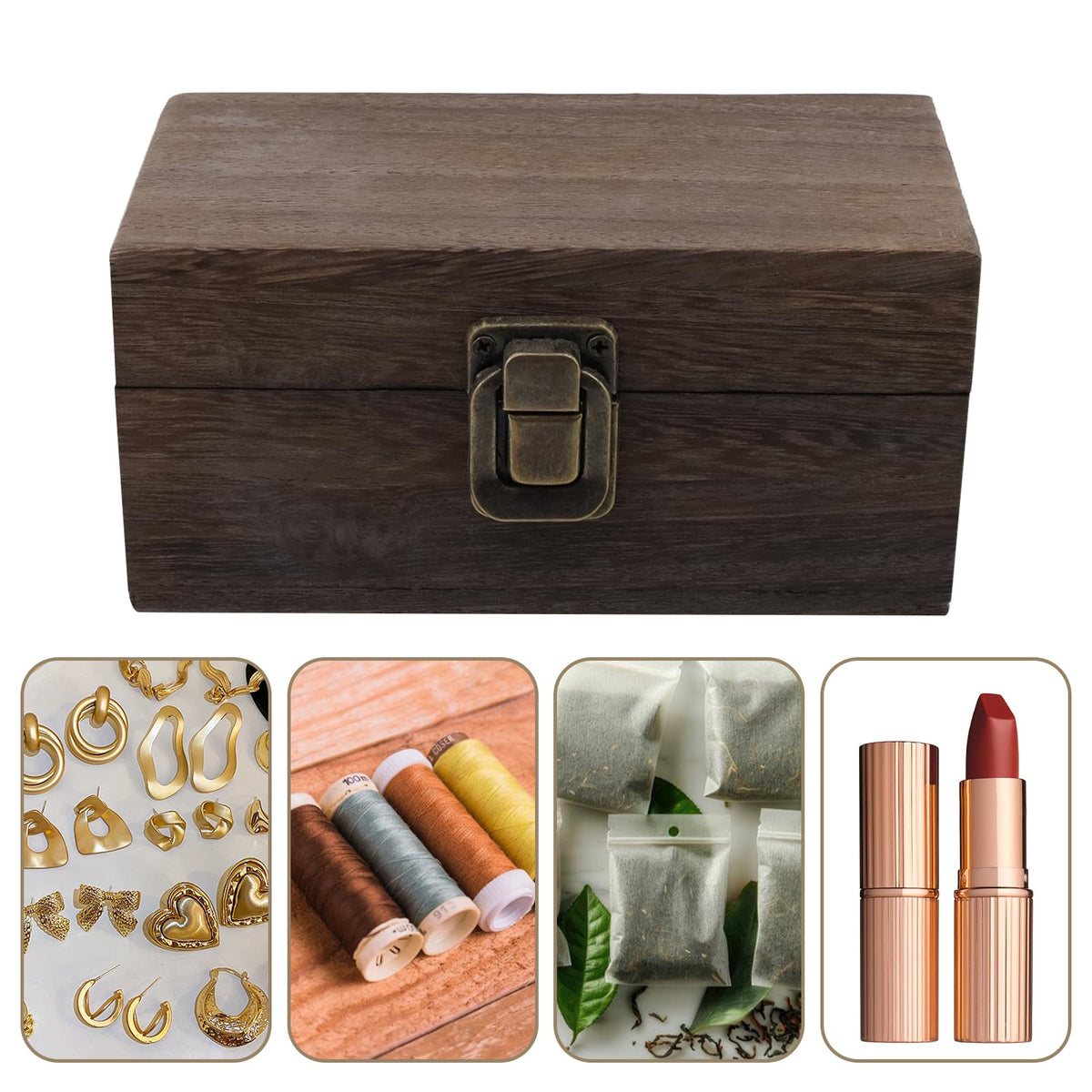 Tighall Antique Wooden Box with Hinged Lid and Lock Rectangle Wooden Storage Box Decorative Wood Box for Crafts, Hobbies, Gifts, and Jewelry Box