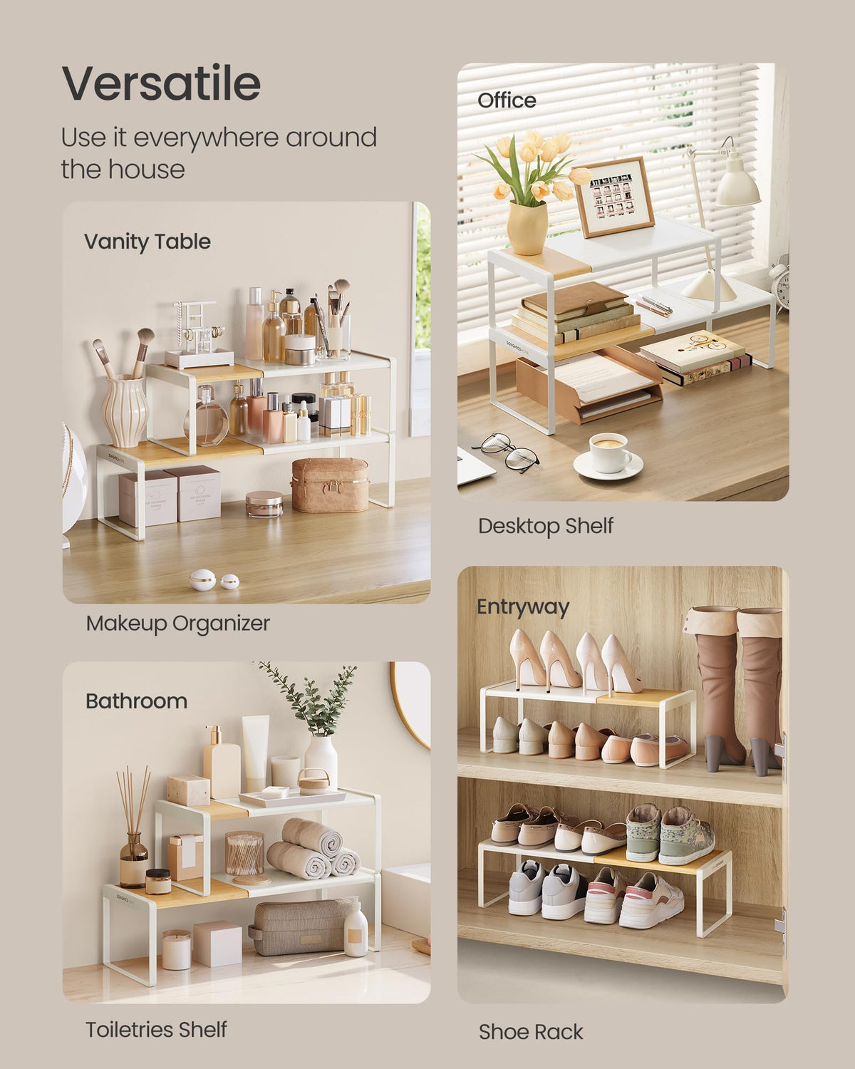 SONGMICS HOME Spice Racks, Expandable Cupboard Shelf Orgnizers, Kitchen Counter Shelves, Bamboo and Metal, Space-Saving Shelving, Stackable, Light Bamboo and Cream White UKCS051N01