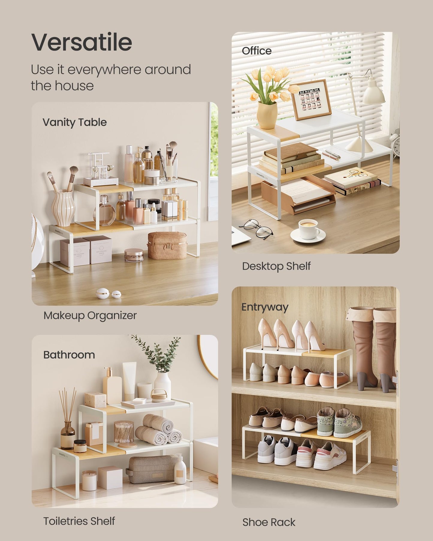 SONGMICS HOME Spice Racks, Expandable Cupboard Shelf Orgnizers, Kitchen Counter Shelves, Bamboo and Metal, Space-Saving Shelving, Stackable, Light Bamboo and Cream White UKCS051N01
