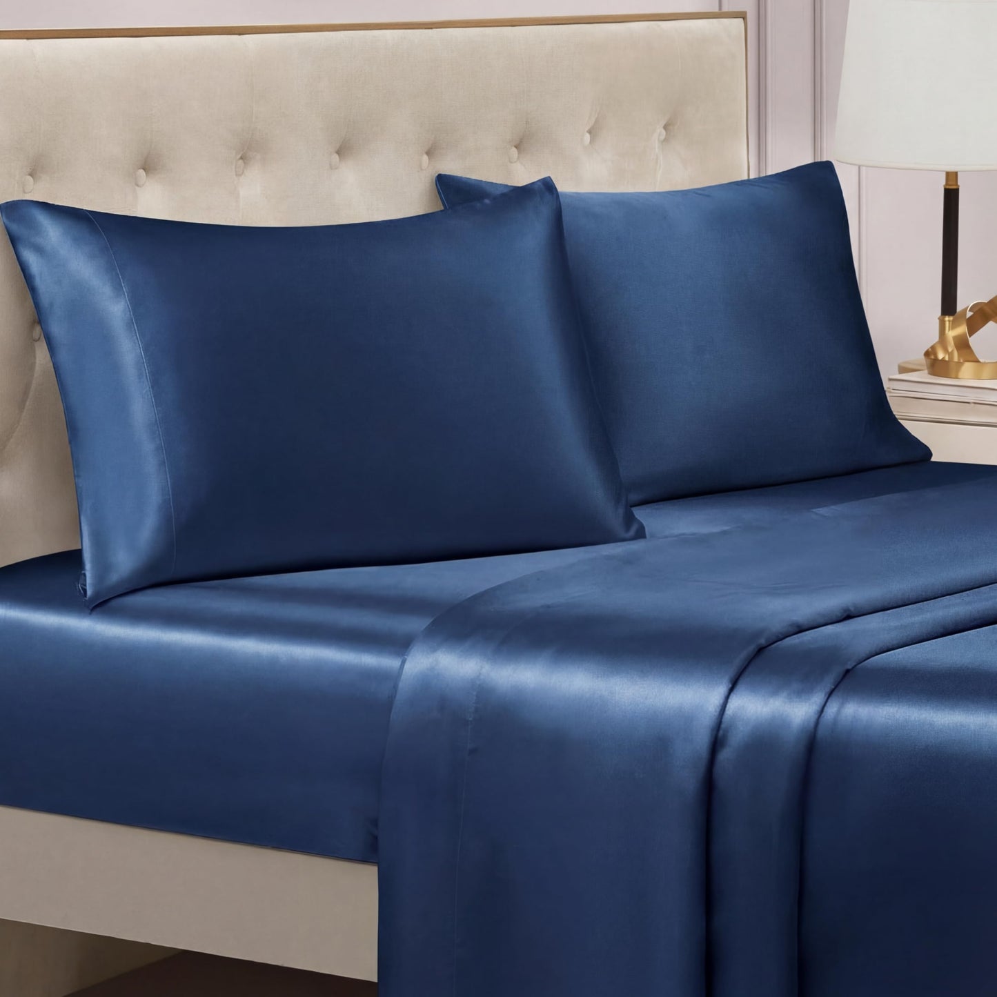Juicy Couture Full Size Satin Bed Sheet Set, Deep Pocket Silky Satin Full Sheet Set with 1 Fitted Sheet, 1 Flat Sheet and 2 Pillowcases, Wrinkle Resistant and Anti Pilling Bed Sheets - Dark Blue