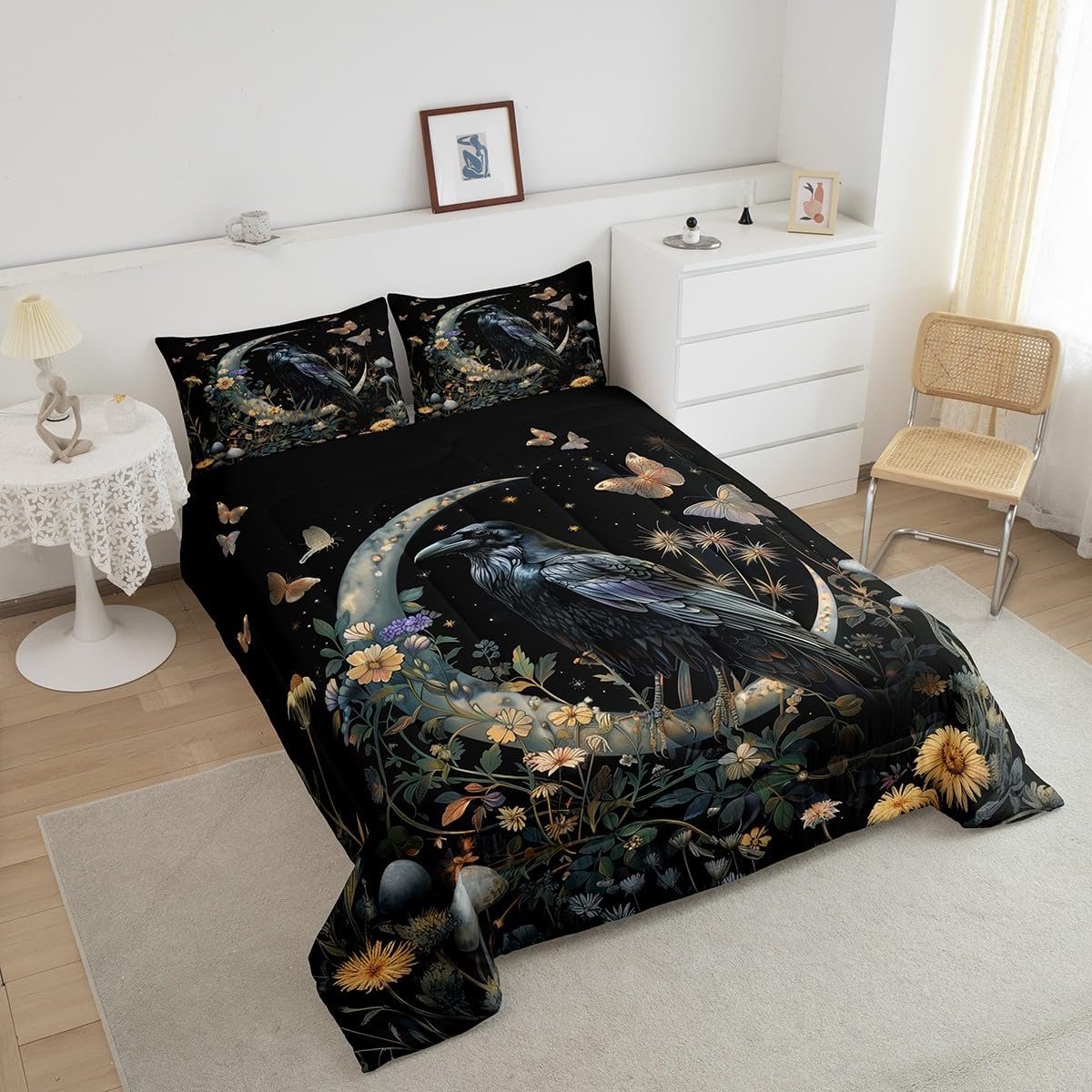 Black Crow Comforter Set Queen Size,Moon Daisy Flower and Butterfly Bedding Set,Kids Girls Boys Teens Room Decor,Halloween Theme Animals Plants Quilt Set Boho Trippy Duvet Insert,2 Pillowcases…