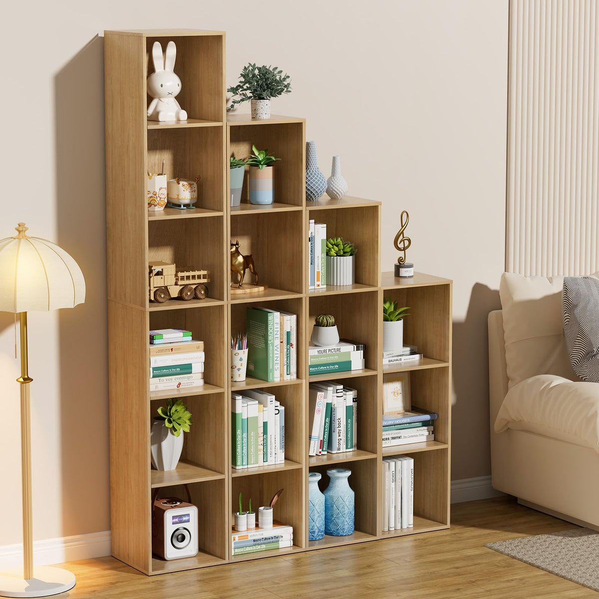 Nestwise 4 Tier Bookshelf, Freestanding Corner Storage Shelve Book Case for Narrow Space, 4 Cube Storage Organizer Small Bookcase for Home Office Living Room (Oak, 4 Cube)