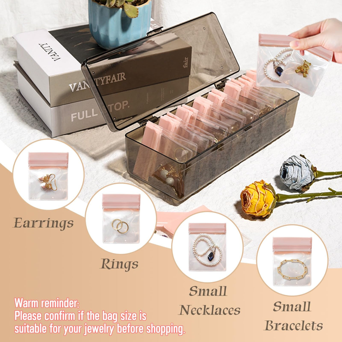 Qryval Jewelry Organizer and Storage Box with 24 EVA Anti Tarnish Bags, Travel Acrylic Case for Earrings, Necklaces & Rings, Elegant Gift for Women & Girls (S&Organizer(Clear))