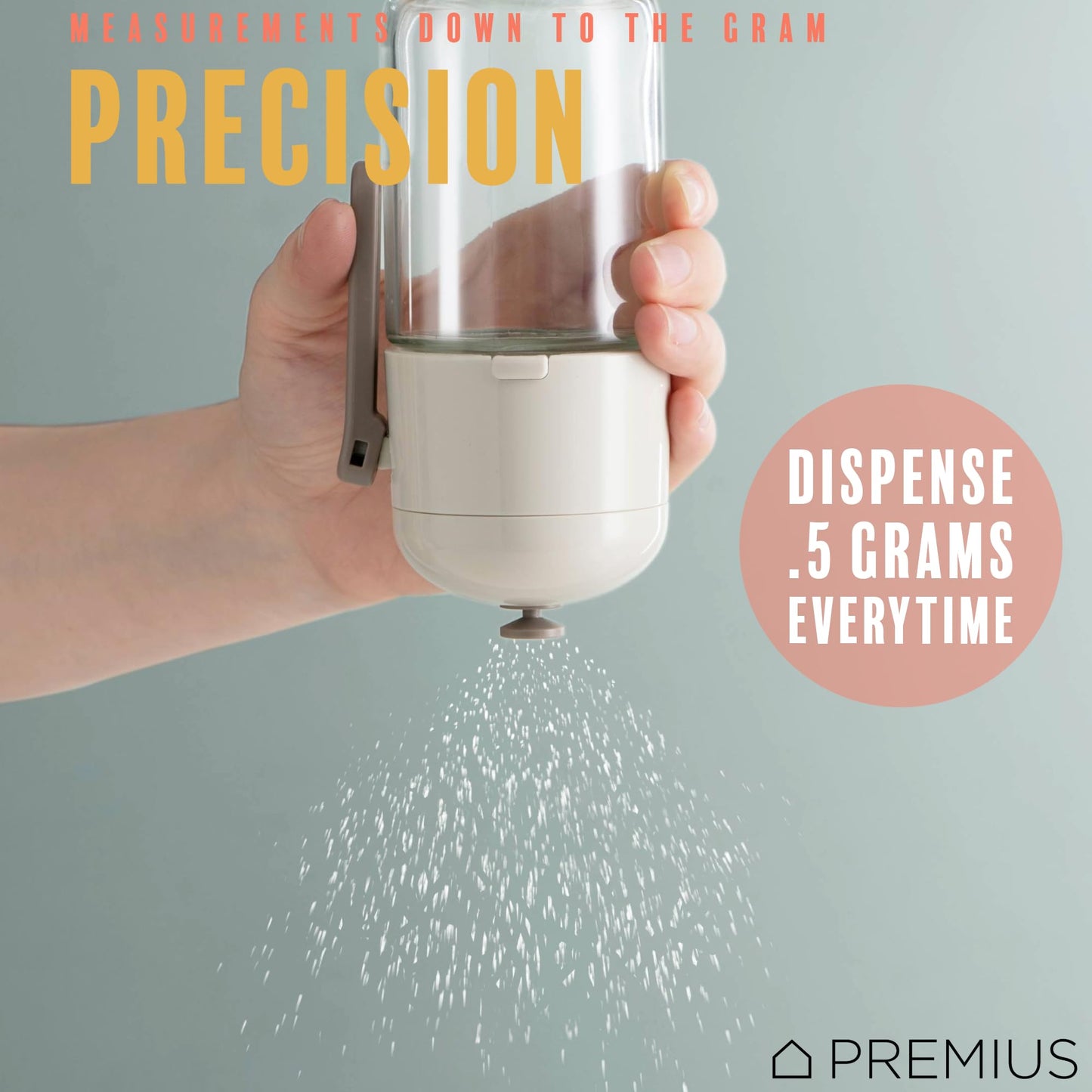 Glass Precision Spice Dispenser By PREMIUS, 8.45 Ounces, Durable Glass Bottle, Plastic Lid, Pour the Perfect Amount of Spices Every Time, Airtight Design with Sleek Glass, White