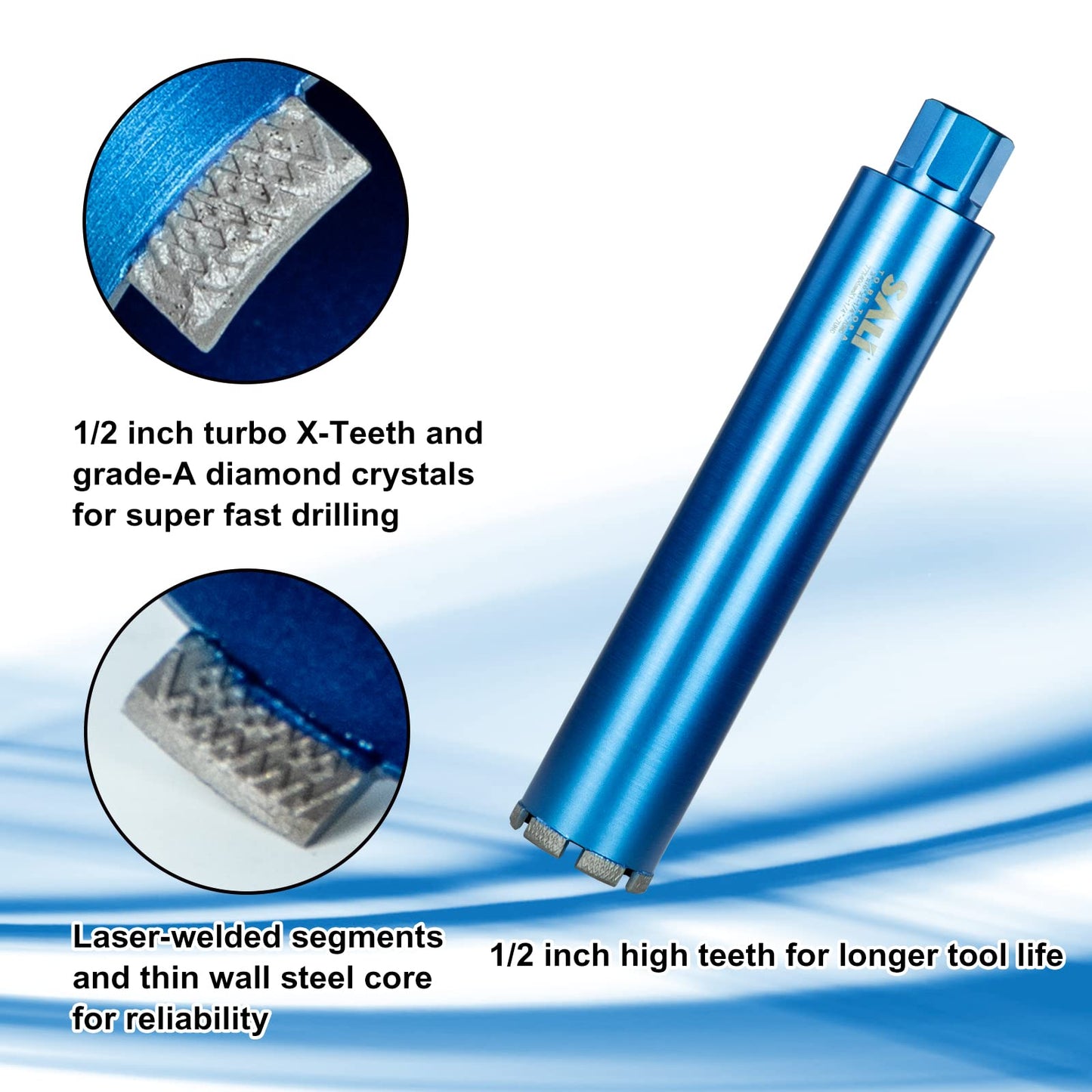 SALI Wet Diamond Core Drill Bits 12"/304mm Diameter, 15"/380mm Drilling Depth Concrete Core Drill Bit, 1-1/4-7" Thread Core Bit Turbo Laser-Welded Segments with Rebar, Brick, Block, Masonry, Stone