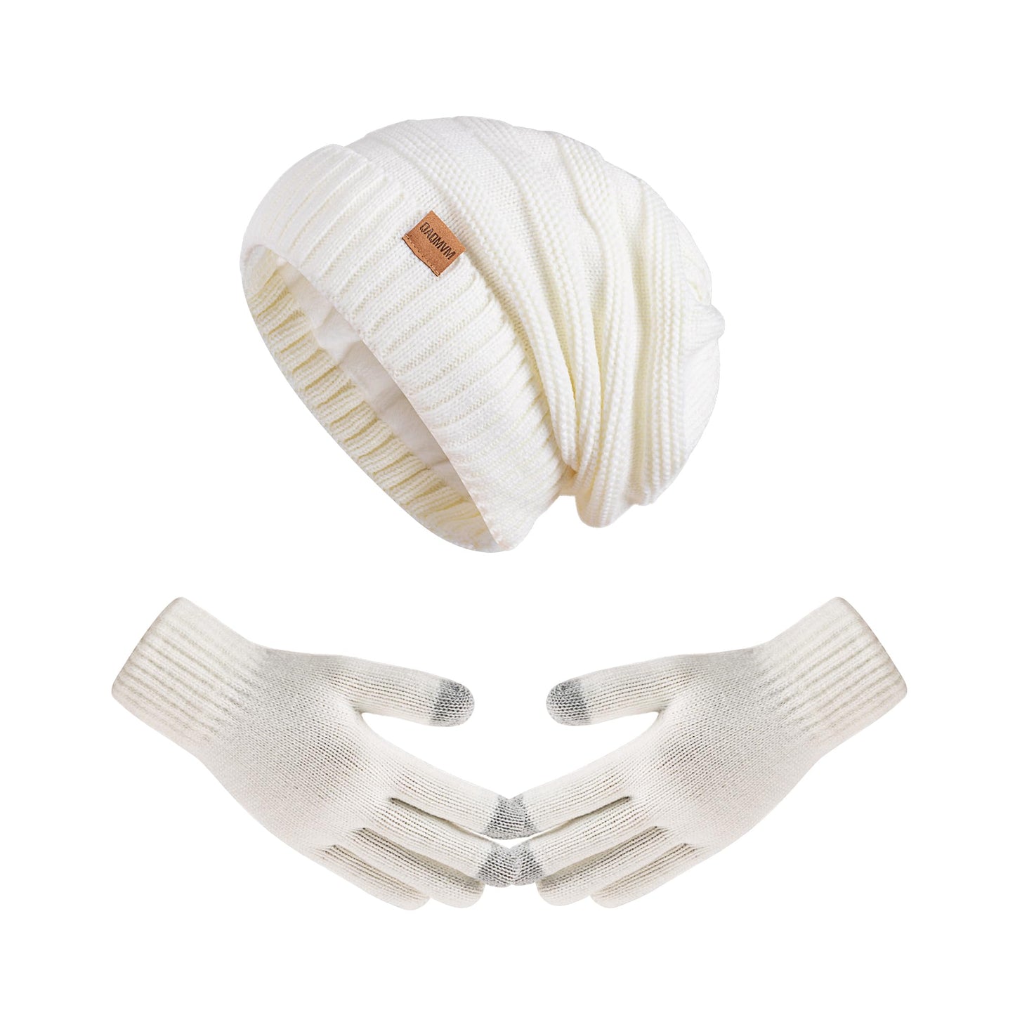 Women Beanie Hat Gloves Set Fleece Lined Winter Warm Hat Knit Touchscreen Gloves for Cold Weather