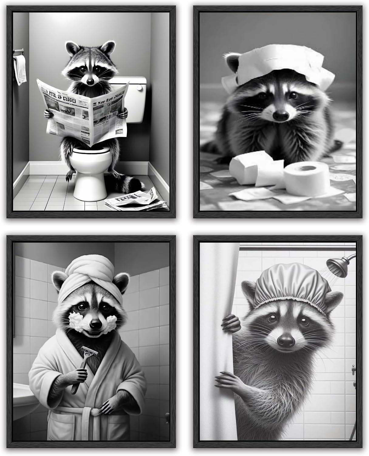 XUCVSPANTING Funny Raccoon Washroom Wall Art,Cut Bathroom Raccoon Sitting on Toilet Reading Newspaper Shaving&Paper Toilet Paper on Head Canvas Posters for Bathroom Washroom Restroom Home Decor