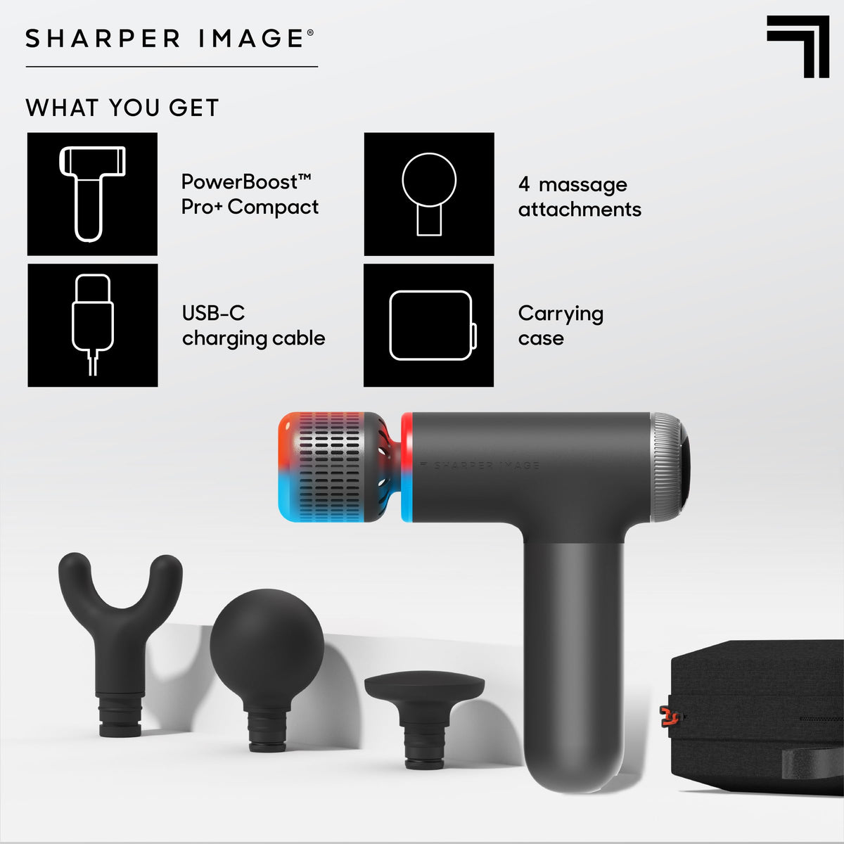 Sharper Image® Powerboost® Pro+ Hot & Cold Compact Deep Tissue Massage Gun - 6 Speed, 4 Attachments, Travel Case| Heat & Cold Therapy| Lightweight Shoulder & Back Massager| Fathers Day Gift for Dad
