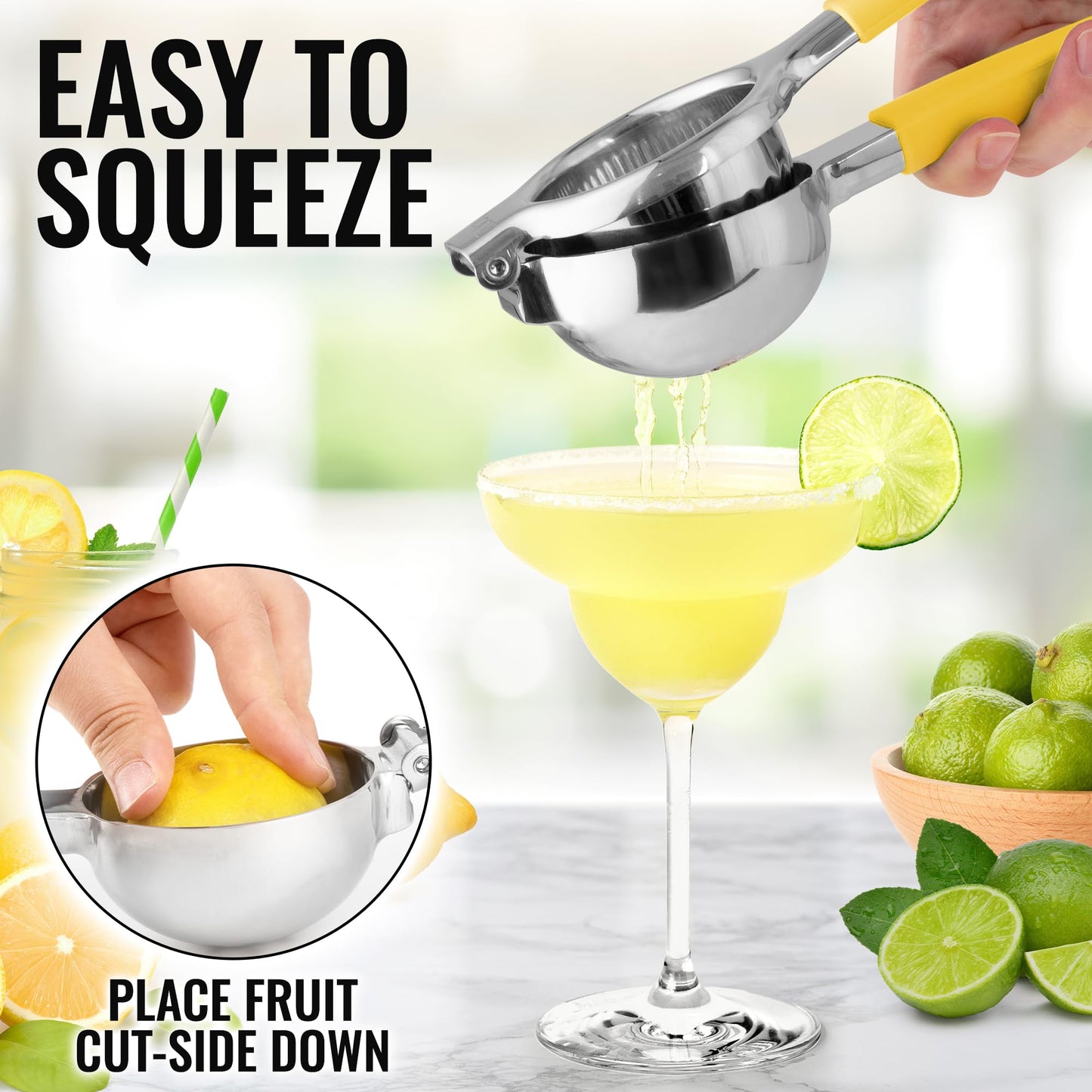 Zulay Lemon Squeezer Stainless Steel with Premium Heavy Duty Solid Metal Squeezer Bowl (Black Grip, Large)