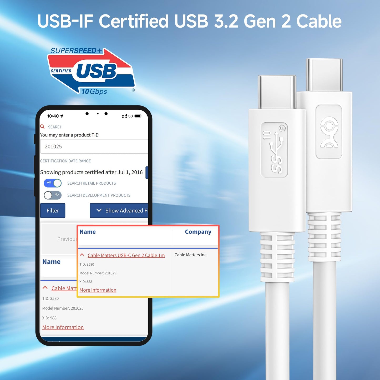 Cable Matters [USB-IF Certified] 10 Gbps Gen 2 USB C Cable - 3.3ft / 1m, Supports Up to [4K@60Hz Video, 100W Charging, 10Gbps Data Transfer], Black