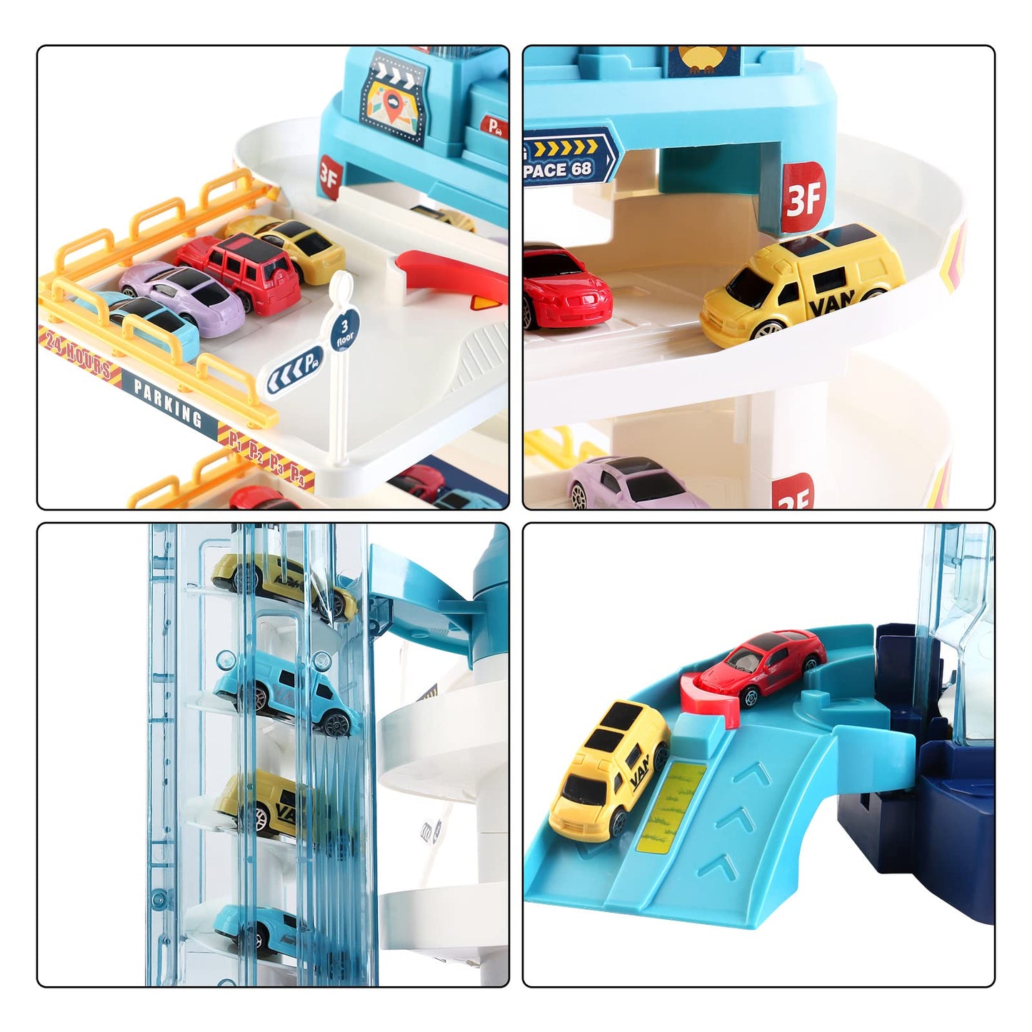 deAO Toy Car Garage Track Set with Music and Light Effects for Kids, 3-story Parking Building with Electric Elevator, Kids' Play Vehicle Garages for 3+ Years Old Boys Girls Christmas Birthday