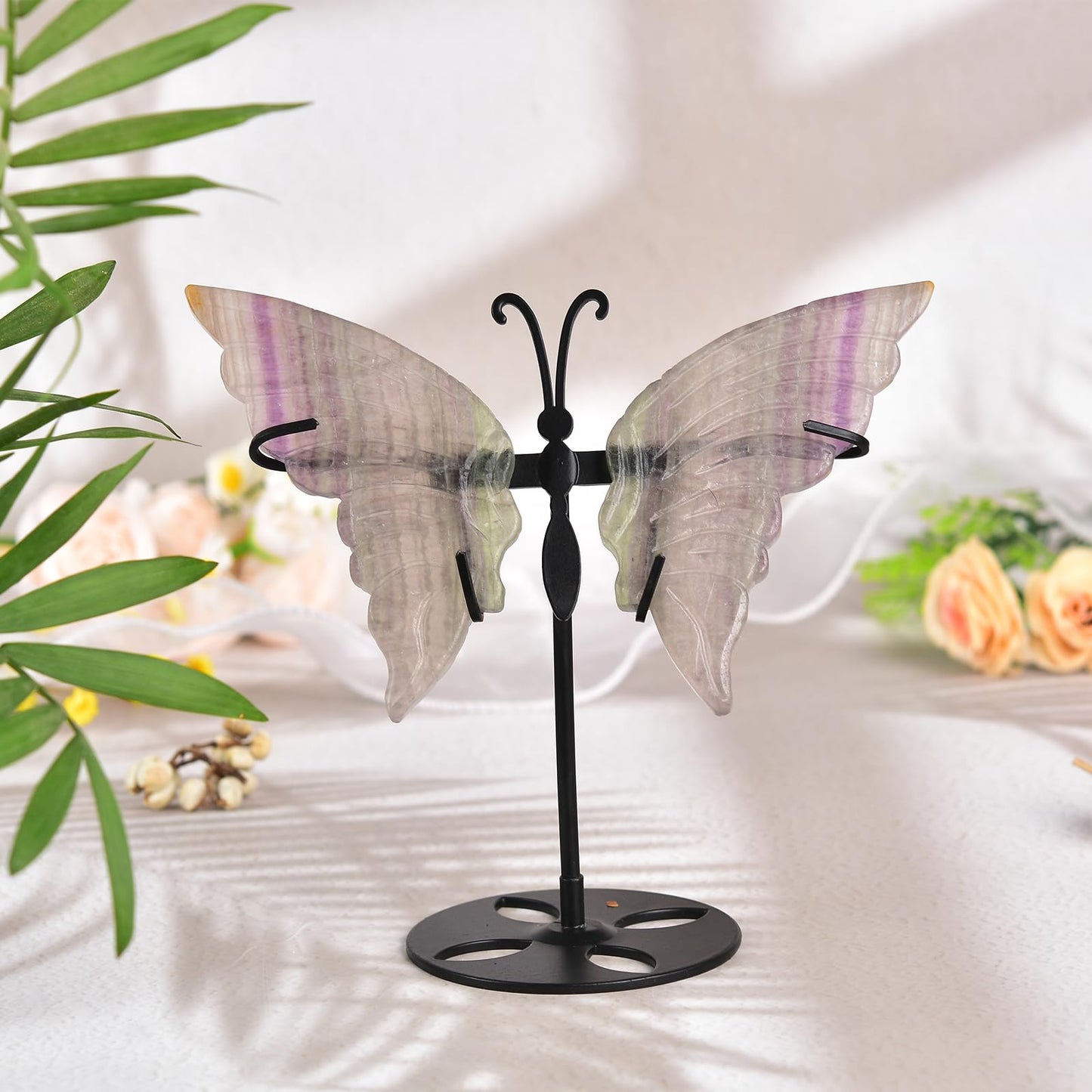 JIC Gem Rainbow Fluorite Crystal Butterfly Art Angel Wings Sculpture Carving,Healing Crystal Butterfly Ornaments Energy Decorative Stone Reiki Gifts (1pair, 10cm)