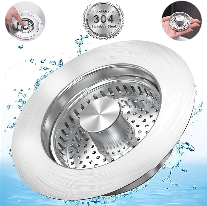 Upgraded 3 in 1 Kitchen Sink Drain Strainer Stopper, Brushed Stainless Steel