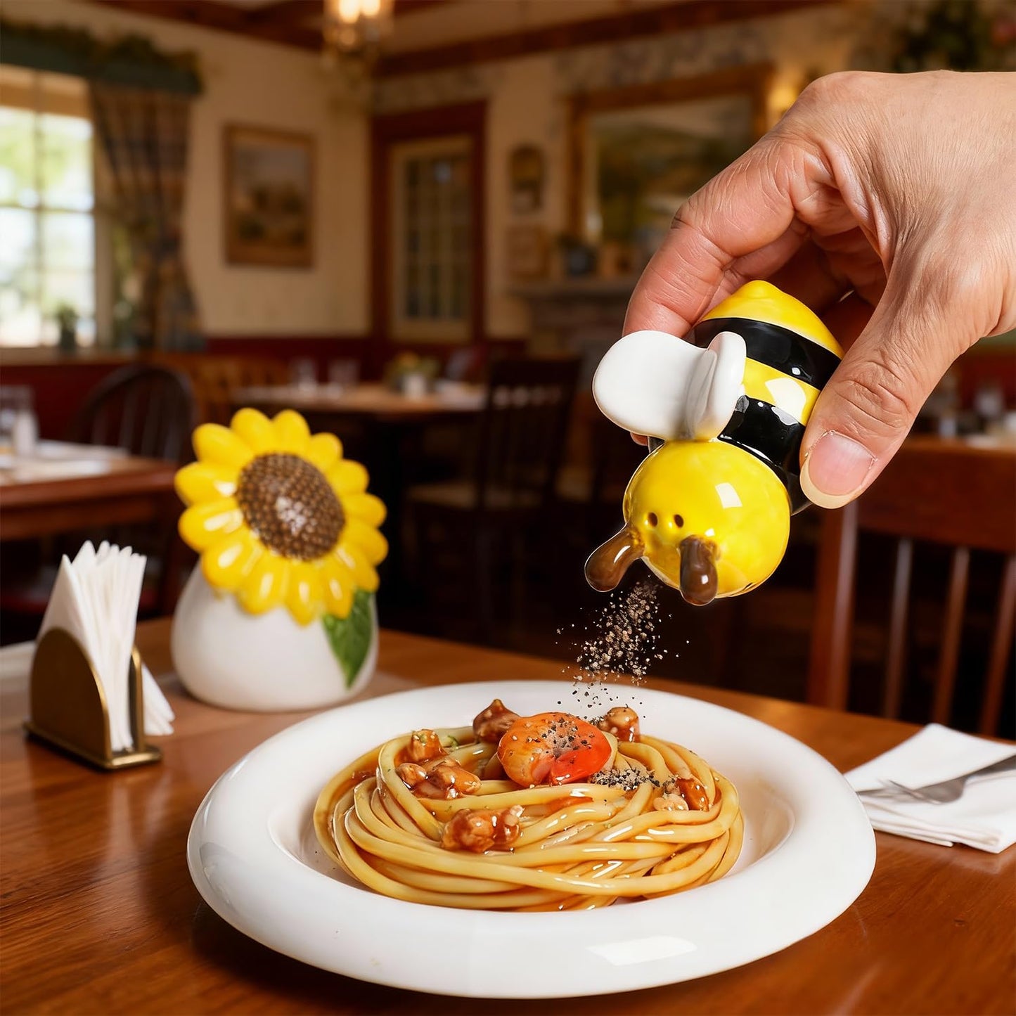 SOCOSY Sunflower and Bee Salt and Pepper Shakers Set, 2 PCS Ceramic Salt & Pepper Shakers Set