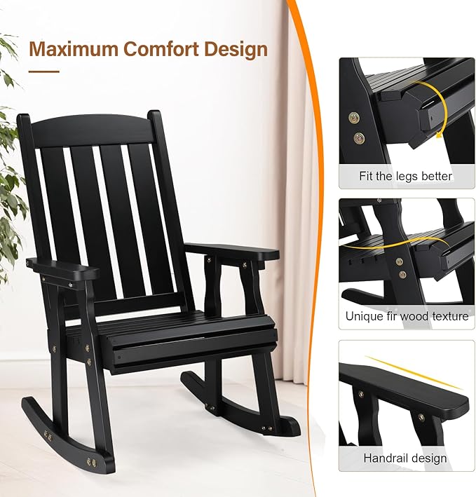 VINGLI Heavy Duty 600 LBS Outdoor Wooden Rocking Chair with Higher Backrest,Patio Rocking Chair with Ergonomic Design, Weatherproof Outdoor Rockers Suit for Patio, Garden, Balcony, Yard, Black