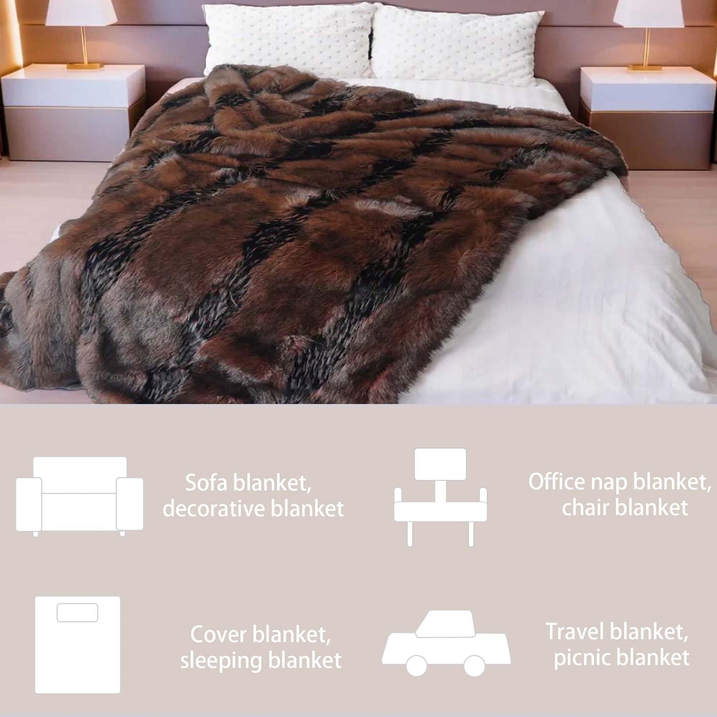 inchgrass Fox Faux Fur Blanket Luxury Fur Throw Blanket Sofa Fluffy Blanket Super Warm Elegant Cozy Fuzzy Throw Blankets for Couch,Armchair and Bed Washable Plush Blankets 74"x90" Brown Throw Blanket