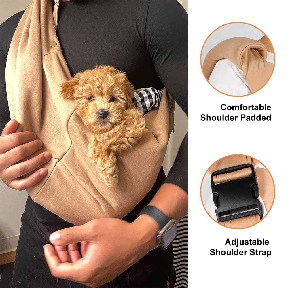 NATUYA Pet Sling Carrier Small Dog Sling Cat Carrier Bag Adjustable Strap Hands-free Sling Pet Carrier Bag with Front Zipper Pocket Safety Belt for Outdoor Traveling Subway (Khaki, Cotton Style)