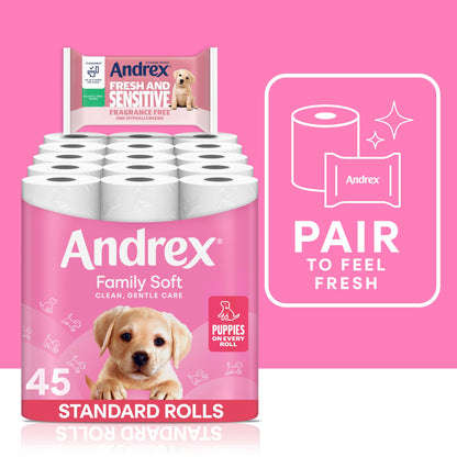 Andrex Family Soft Toilet Tissue 45 Rolls (Previously Andrex Gentle Clean) Gentle on your Family’s skin– Bulk Pack of 45 Toilet Rolls, FSC Certified