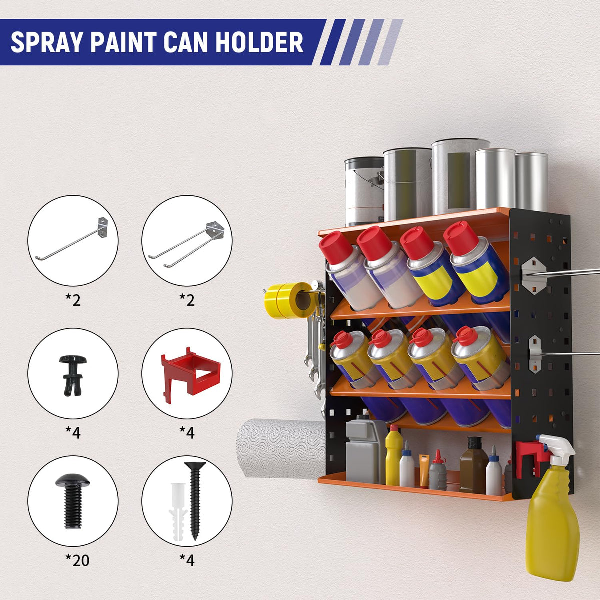 Wall Mount Spray Can Holder, Aerosol Spray Bottle Holder Storage Rack, Heavy-Duty Paint Bottle Organizer with 8 Can Holes & 4 Steel Hooks, 4 Plastic Hooks for Garage, Shop, Home or Tool Trailer