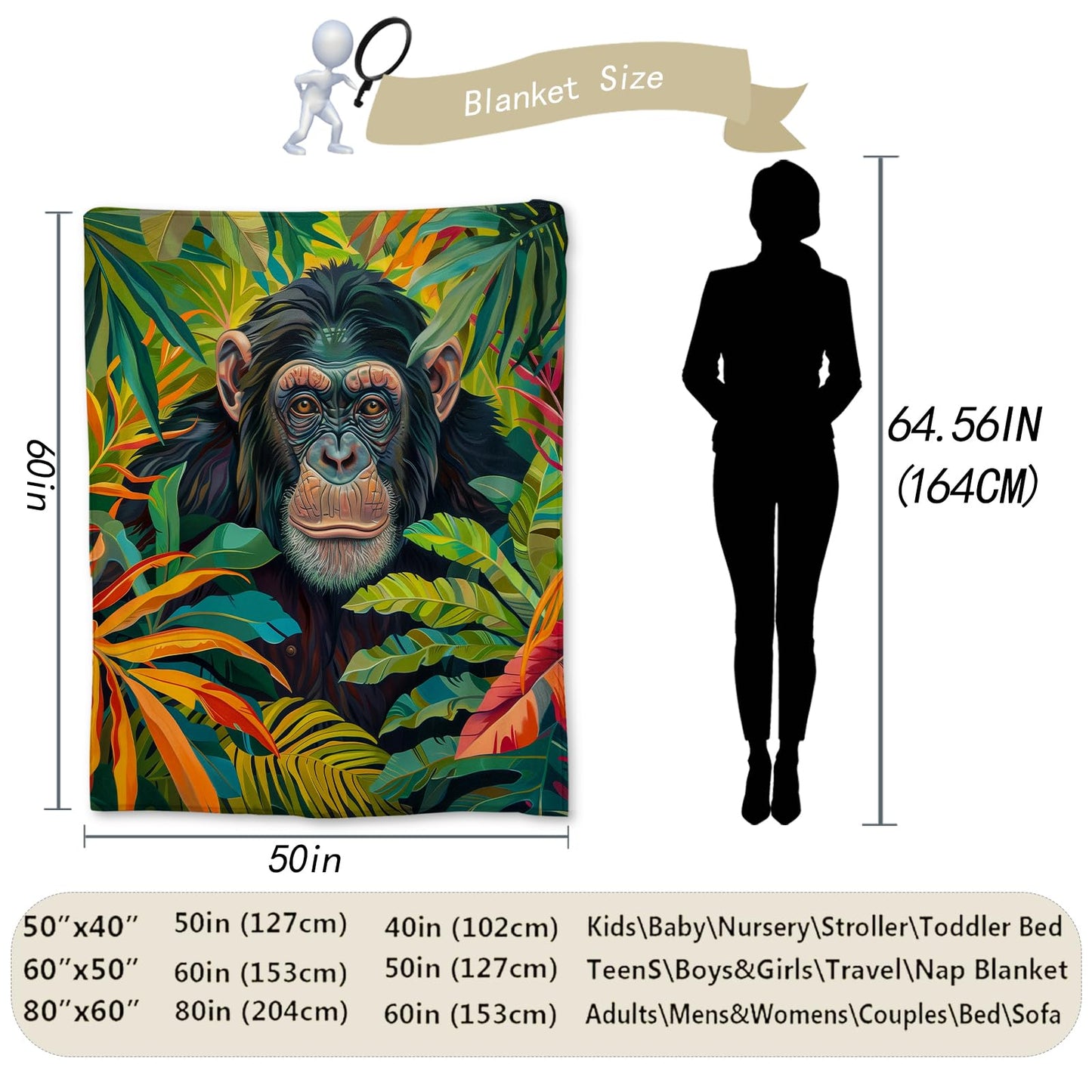 Ti Caldi Vibrant Chimpanzee Blanket - Soft Lightweight Cozy Flannel Throw Blanket for Adults Kids Women Men, Warm Fuzzy Blankets for Couch, Bed, Travel, Home Decor, Living Room 60×50 in