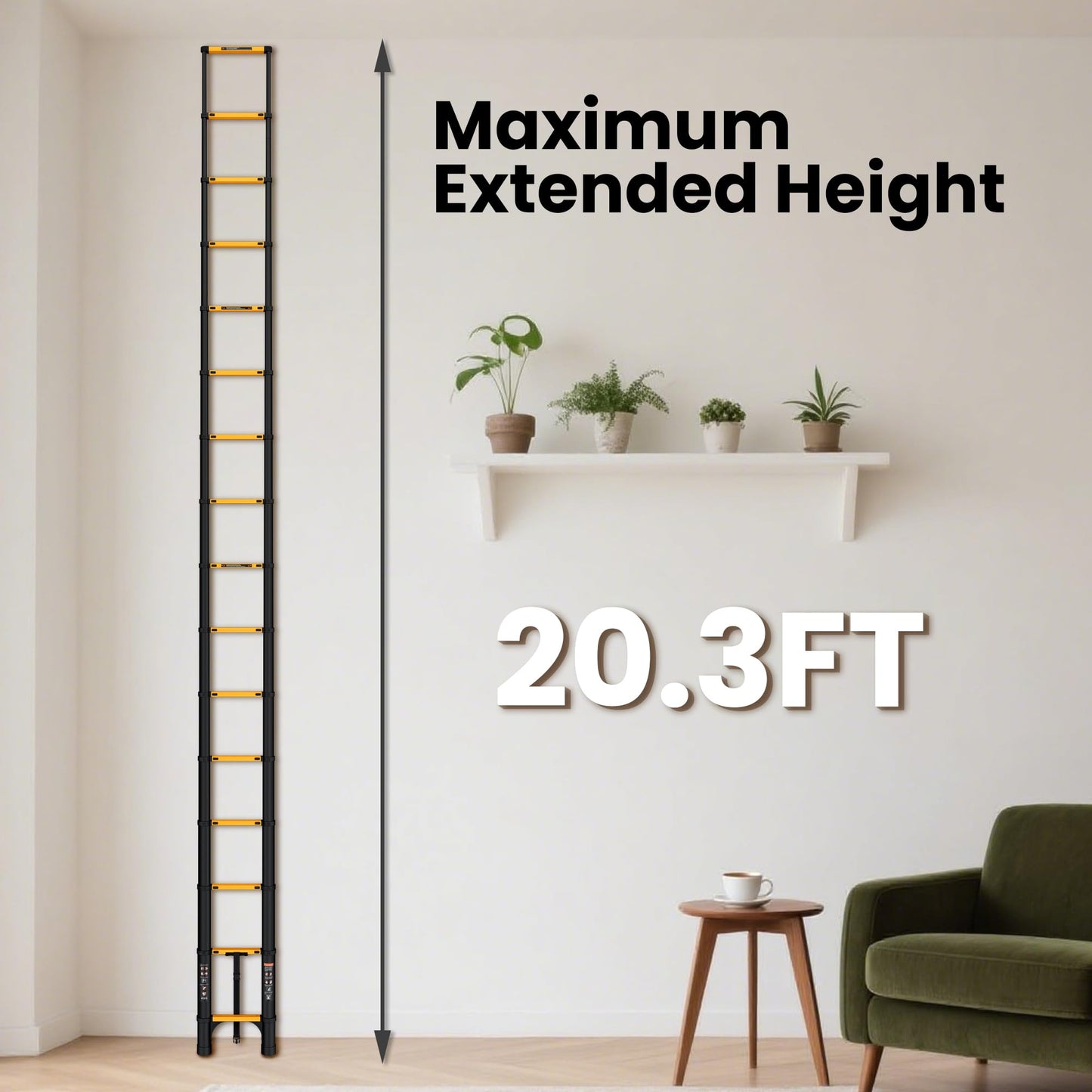 SINMEIRUN 20.3 FT Telescoping Ladder with Standoff Stabilizer, Aluminum Extension Ladder, 330 lbs Capacity, Multi-Purpose Collapsible Ladder for Home and Work; Yellow