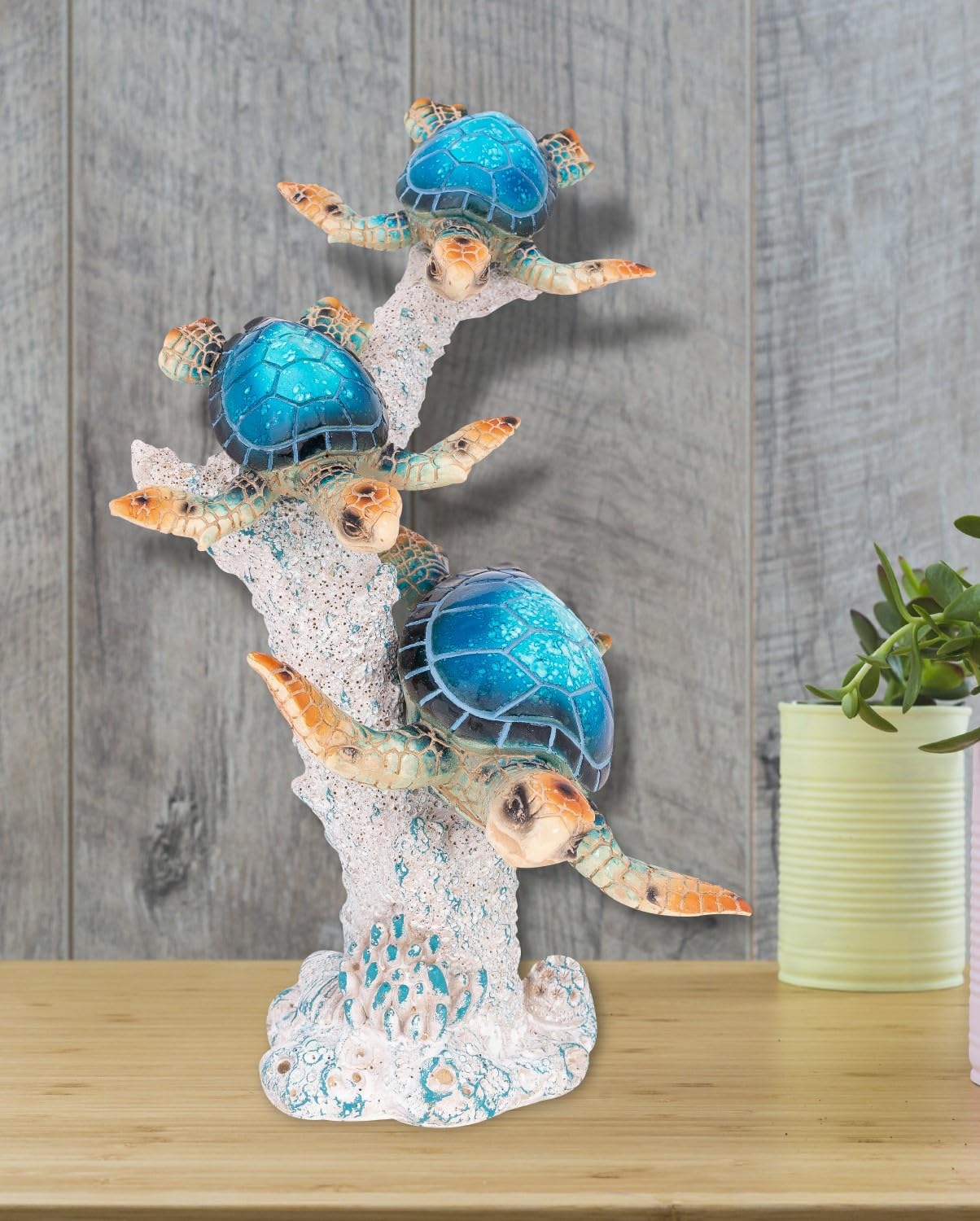 Corner Merchant Sea Turtle Statue Triple Turtles Swimming on Coral Reef Base – Ocean-Inspired Polystone Figurine for Coastal, Beach & Nautical Home Decor – Tabletop Accent Sculpture (Blue, 9.5”)
