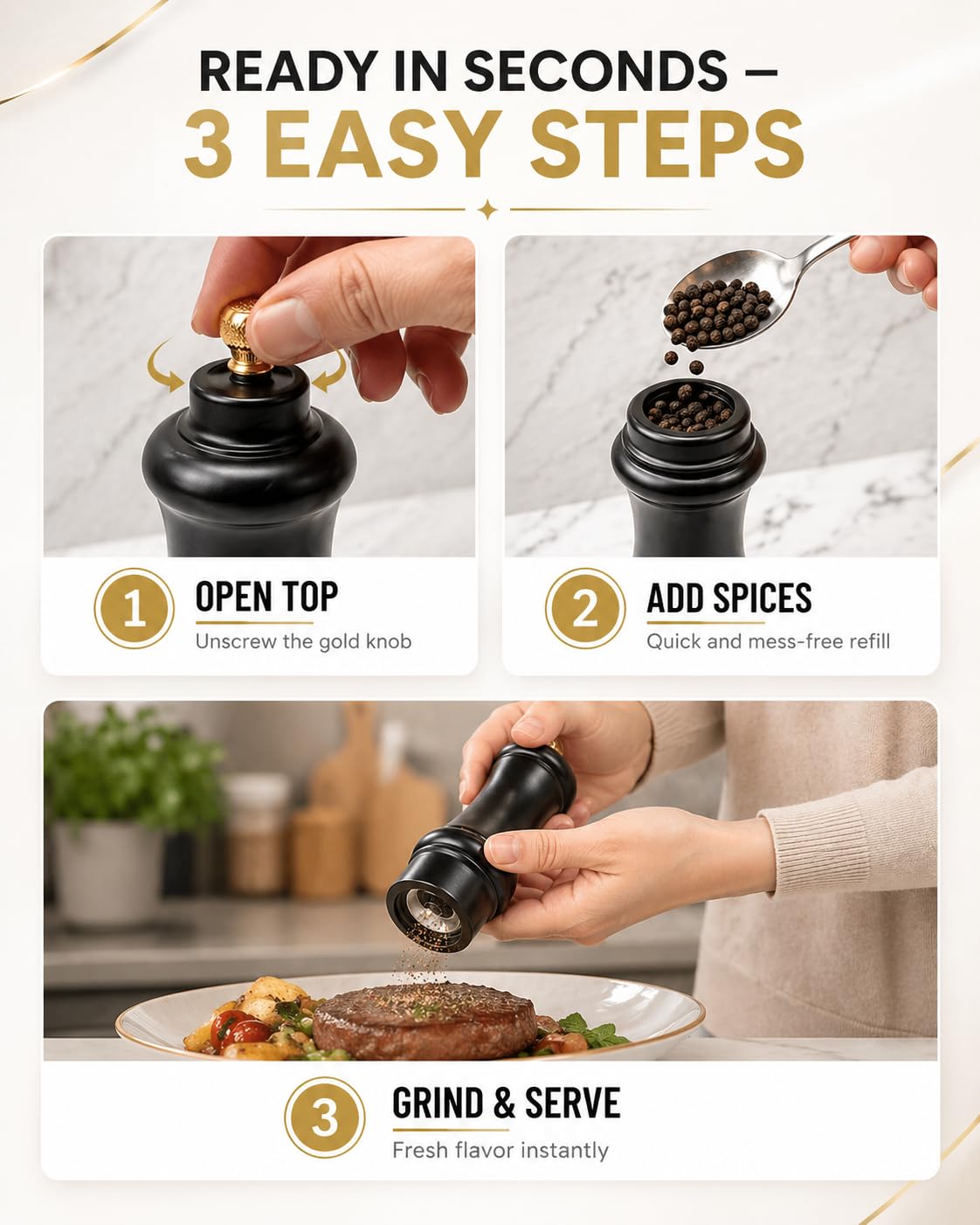 AAB Kitchen Tools Wooden Black and White Manual Refillable Large Salt and Pepper Grinder Set, Shaker with Adjustable Ceramic Grinding Mechanism for Customized Coarseness, 8 Inches, Pack of 2