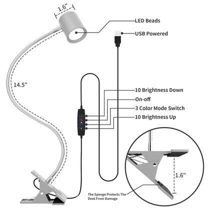 Dott Arts Desk Lamp,USB Clip On Light,Book Lights for Reading at Night,3 Color Modes,10 Brightness Clamp Lights,360° Gooseneck LED Reading Light for Books in Bed,Eye-Care for Home Office,Headboards