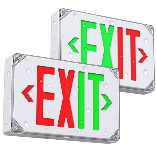 Outdoor Led Exit Sign Red/Green Color Switchable, Wet Location Emergency Exit Sign Light with Battery Backup, Exterior Waterproof Hardwired Lighted Exit Signs, AC 120/277V, UL Listed (2 Pack)