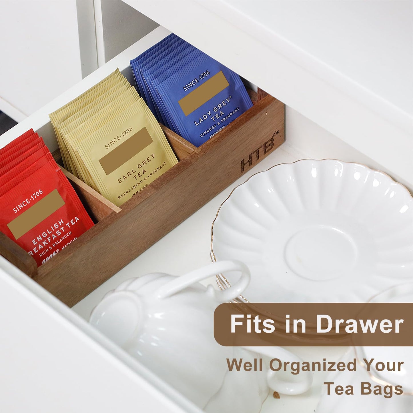 HTB Small Tea Bag Box Wooden, 3 Compartments Acacia Wood Tea Bag Chest with Handle, Mini Countertop Divided Storage Container for Beverage Supplies, Sugar, Sweeteners, Individual Packets