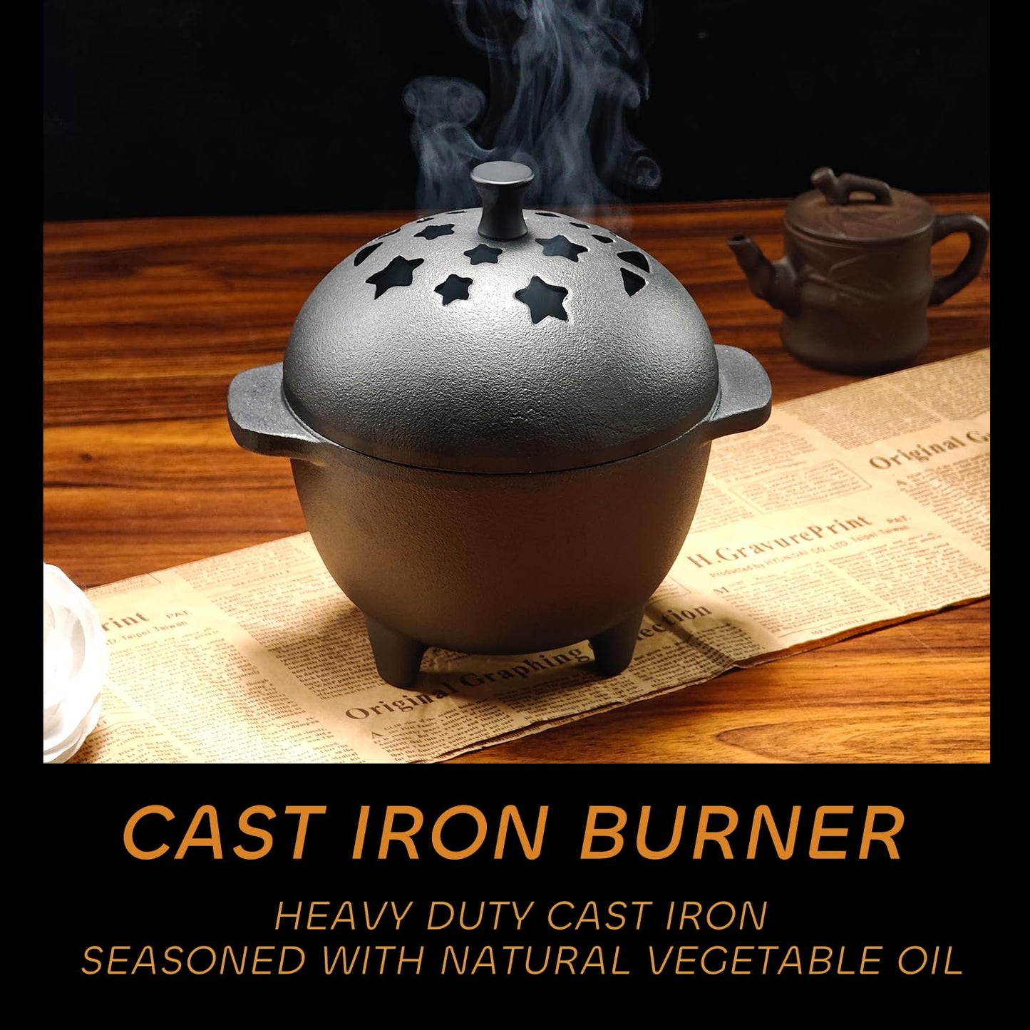 IPROUDER Cast Iron Incense Burner - Cast Iron Incense Holder Mini Cauldron for Sage, Palo Santo, Resin, Charcoal & Japanese Incense | Home, Rituals & Meditation Censer Bowl