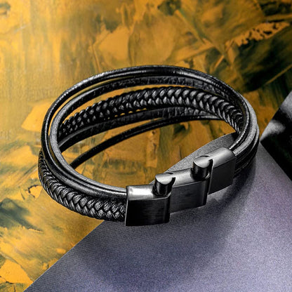 Murtoo Mens Unisex Cuff Bracelet - Black Leather Multi-Layer Magnetic Clasp Rope Wristband (Black, 7.5'')