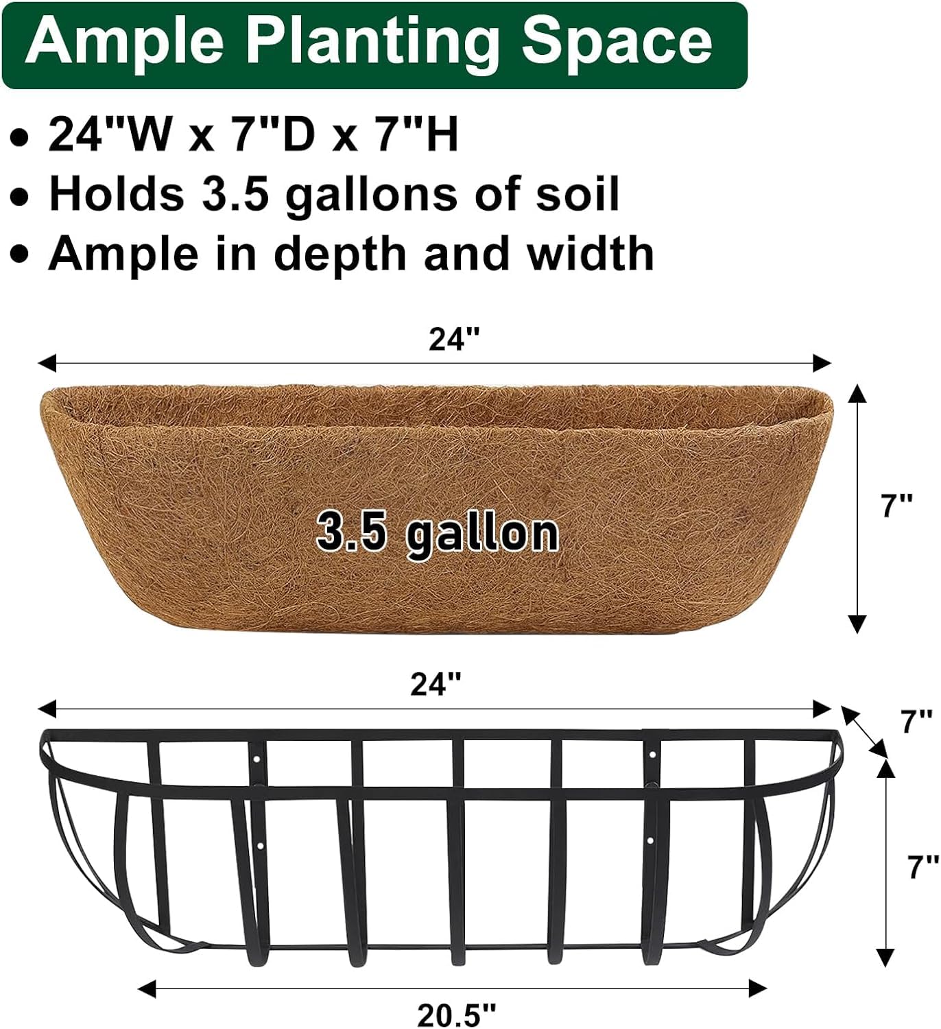 DUNCHATY 24 Inch Railing Planter Box 3 Pack - Metal Window Flower Box with Coco Coir Liner & Adjustable Hooks for Deck Balcony Porch Fence - Outdoor Horse Trough Planter for Herbs & Flowers