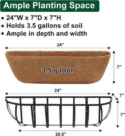 DUNCHATY 24 Inch Railing Planter Box 3 Pack - Metal Window Flower Box with Coco Coir Liner & Adjustable Hooks for Deck Balcony Porch Fence - Outdoor Horse Trough Planter for Herbs & Flowers