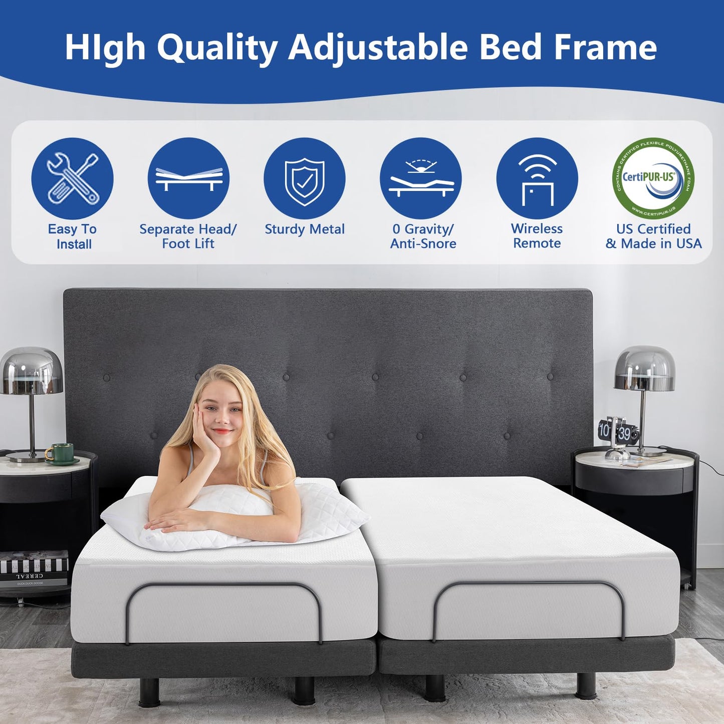 Vipbear Twin XL Adjustable Bed Frame, Adjustable Bed Base with Wireless Remote, Separate Head/Foot Lift, Easy Assembly, Sturdy Metal, 0 Gravity/Anti-Snore, Electric Bed Frame