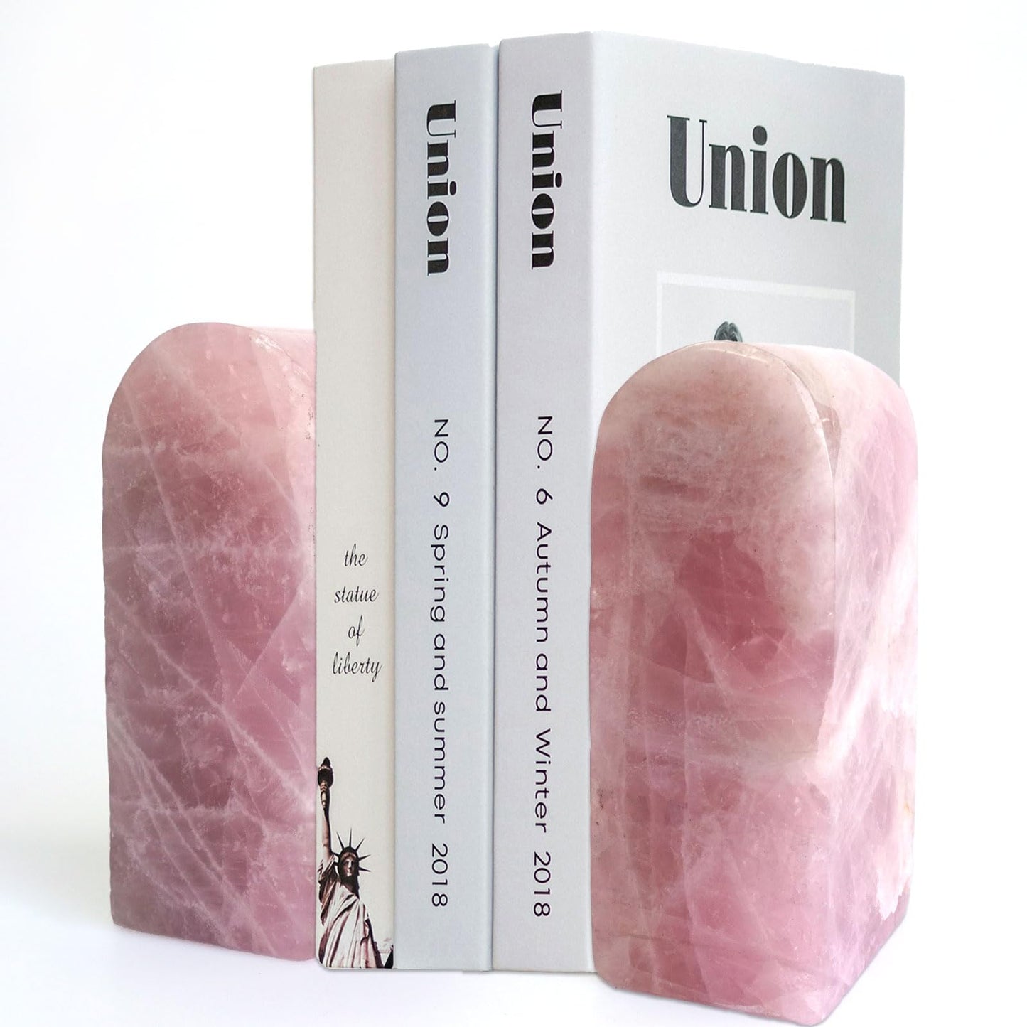 Sisamn Natural Rose Quartz Bookends 3.5-4 lbs Pink Crystal Stone Decorative Bookends with Non-Slip Bumpers for Home and Office Decor