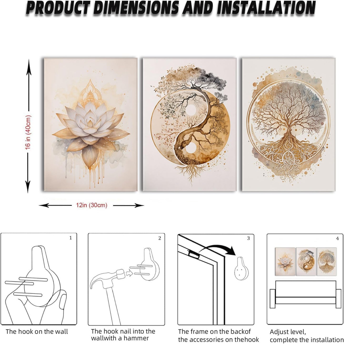 AOYUSMO 3 Piece 3 Piece Tree of Life Wall Art Zen Wall Decor Yoga Room Canvas Art Modern Gold Lotus Flower Pictures Spiritual Meditation Paintings Spa Artwork For Living Room Bathroom