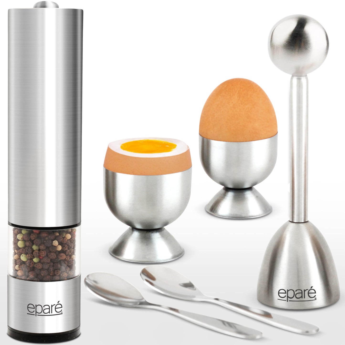 Eparé Bundle: Electric Salt or Pepper Grinder & Steel Egg Cracker Topper Set - Battery Operated Ceramic Burr Peppermill Shaker & Complete Soft Boiled Egg Tool Set