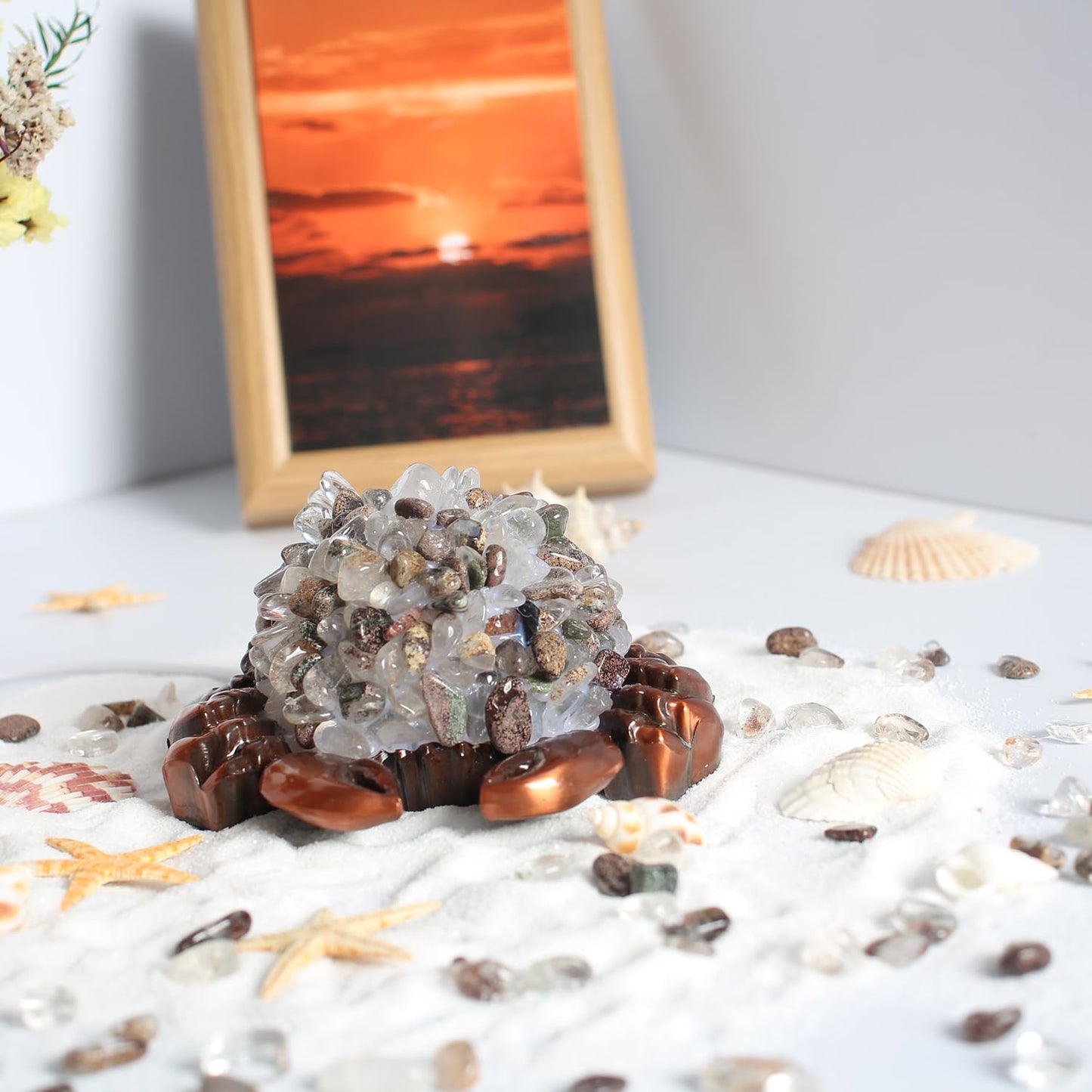 Youhot Handcrafted Green Phantom Quartz Crystal Crab Table Lamp, USB Powered, 3 Light Modes, Bronze Shell Design, Healing Stone Decor for Home & Office